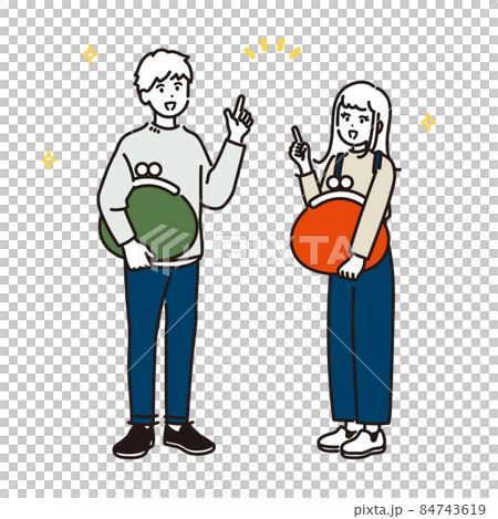 財布を持ってひらめく夫婦のイラスト(家計管理・資産形成・NISA) 財布を持ってひらめく夫婦のイラスト(家計管理・資産形成・NISA) 84743619