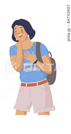 Student girl laughing. Giggle cheer people, teenage joking, stand adult woman, cartoon funny character, loud joke, person lol, vector illustration 84743697