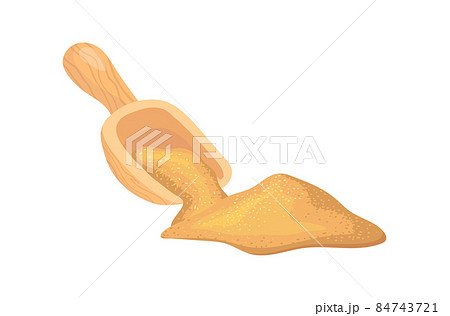 Spoonful of cane sugar. Wood spoon with brown granulated product, cartoon vector flat icon illustration Spoonful of cane sugar. Wood spoon with brown granulated product, cartoon vector flat icon illustration 84743721
