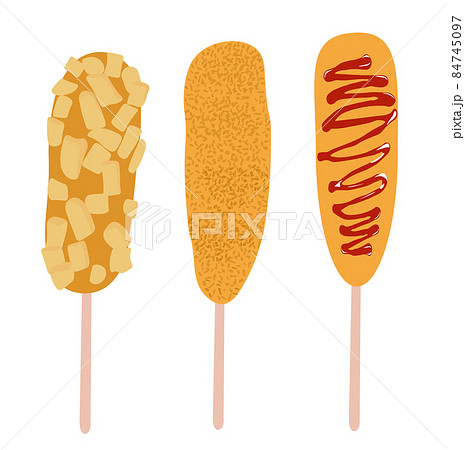 corn dog vector stock illustration. Sausage in the dough. Poured with ketchup and polishing. Isolated on a white background. corn dog vector stock illustration. Sausage in the dough. Poured with ketchup and polishing. Isolated on a white background. 84745097