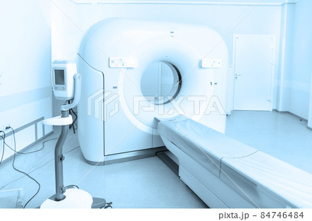 Medical CT or MRI Scan in the modern hospital laboratory. Interior of radiography department. Technologically advanced equipment in white room. Magnetic resonance diagnostics machine. 84746484