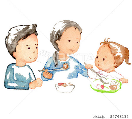 手描き水彩画 子供の食事風景のイラスト素材