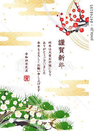 寅年2022年賀状 紅白の梅と鮮やかな緑の松お正月の生花 寅年2022年賀状 紅白の梅と鮮やかな緑の松お正月の生花 84748195