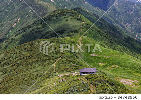 夏の朝日連峰主稜線と竜門小屋 84748960