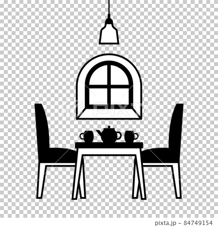 窗邊桌椅的單色插圖。 84749154