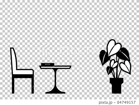 一張桌子和幾盆室內植物的單色插圖。 一張桌子和幾盆室內植物的單色插圖。 84749157