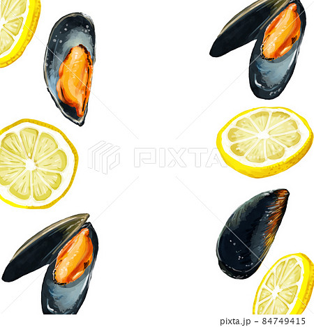 手描き水彩のムール貝とレモンイラスト正方形フレーム 左右のイラスト素材