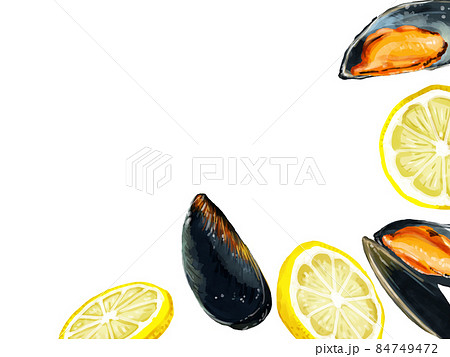 手描き水彩のムール貝とレモンイラスト長方形フレーム 右下のイラスト素材