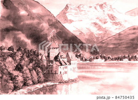 セピアトーンスイス観光名所シヨン城シオン城 セピアトーンスイス観光名所シヨン城シオン城 84750435