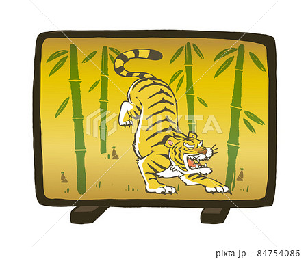 竹と虎が描かれた屏風のイラスト素材。白背景にベクターイラスト。の