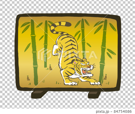 竹と虎が描かれた屏風のイラスト素材。白背景にベクターイラスト。の