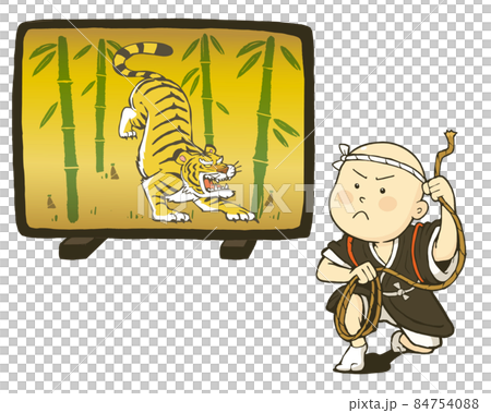 虎の退治をする一休さんのイラスト素材。白背景にベクターイラスト。 84754088