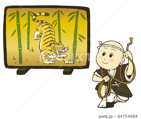虎を退治をする一休さんのイラスト素材。白背景にベクターイラスト。 84754089