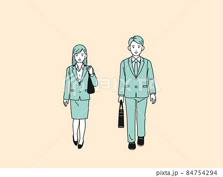 通勤　移動中　歩く　スーツ姿の男女　会社員　新卒　営業　就活　全身　イラスト 84754294