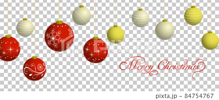 Horizontal Christmas illustration with red and golden Christmas balls lined up on a white background 84754767
