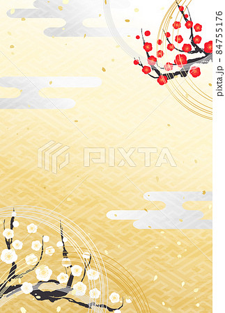 紅白の梅と水引　新年の和風背景素材 84755176