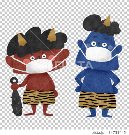 マスクをする赤鬼と青鬼の全身手描きイラスト素材 84755445