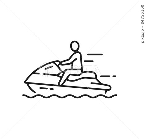 Man riding on water bike, scooter isolated outline icon. Vector summer voyage cruise transportation marine transport. High-speed jet ski, speed power water motorcycle bike, floating on sea waves 84756100