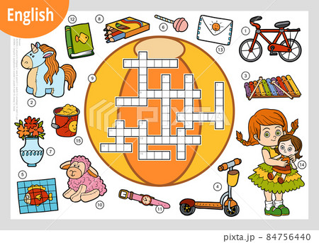 Vector crossword in English. Cartoon set of toys and objects for girl 84756440