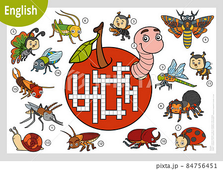 Vector colorful crossword in English, education game for kids. Cartoon set of insects and little animals Vector colorful crossword in English, education game for kids. Cartoon set of insects and little animals 84756451
