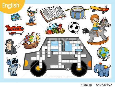 Vector colorful crossword in English, education game for kids. Cartoon set of toys and objects for boys 84756452