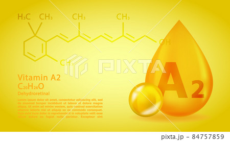 Realistic A2 Dehydroretinol Vitamin drop with structural chemical formula. 3D Vitamin molecule A2 Dehydroretinol design. Drop pill capsule. 84757859
