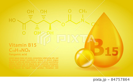 Realistic B15 Pangamic acid Vitamin drop with structural chemical formula. 3D Vitamin molecule B15 Pangamic acid design. Drop pill capsule. 84757864