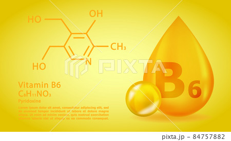 Realistic B6 Pyridoxine Vitamin drop with structural chemical formula. 3D Vitamin molecule B6 Pyridoxine design. Drop pill capsule. 84757882