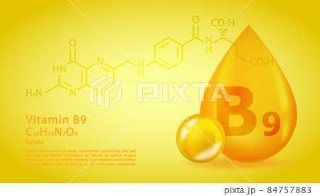 Realistic B9 Folate Vitamin drop with structural chemical formula. 3D Vitamin molecule B9 Folate design. Drop pill capsule. 84757883