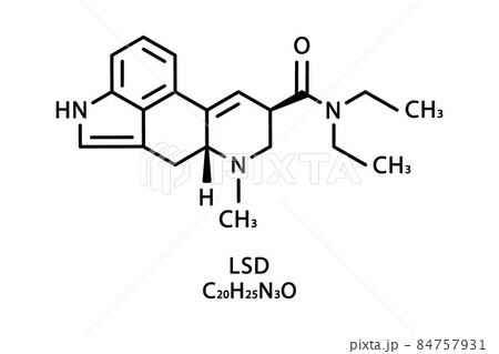 LSD molecular structure. Lysergic acid diethylamide skeletal chemical formula. Chemical molecular formula vector illustration 84757931