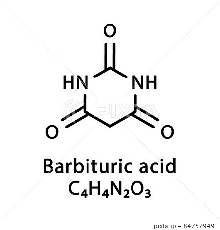 Barbituric acid molecular structure. Malonylurea, 6-hydroxyuracil skeletal chemical formula. Chemical molecular formula vector illustration 84757949
