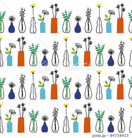 花瓶に入った花のイラストのシームレスパターン(白背景・ベクター・透過) 花瓶に入った花のイラストのシームレスパターン(白背景・ベクター・透過) 84758415
