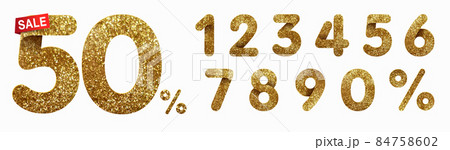 Set of golden glitter numbers 1, 2, 3, 4, 5, 6, 7, 8, 9 and 0 percent for sale and discount offers. Isolated on white background 84758602