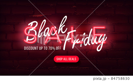 Neon banner for discounts and sales on black friday day. Modern bright poster for new year discounts and big sales. Neon banner for discounts and sales on black friday day. Modern bright poster for new year discounts and big sales. 84758630