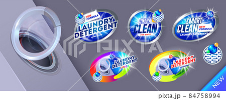 Large set Laundry detergent banners for smart clean. Template for laundry detergent. Package design for Washing Powder & Liquid Detergents ads. Isolated vector illustration 84758994