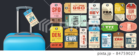 Big set or Retro travel luggage labels, airline tags and baggage tickets. Collection vintage luggage tags. 84759027