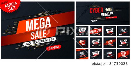 Big set of Mega sale banners with gold halftone glitter effect for special offers, sales and discounts on shopping day  Black Friday. Promotion and shopping template for Black Friday 84759028