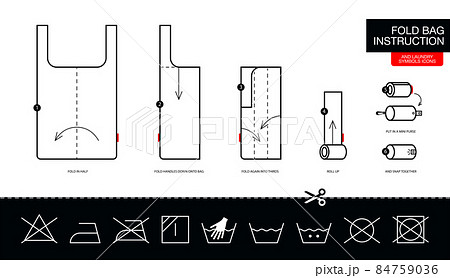 Instruction how to fold step by step eco bag, foldable reusable shopping bags. Concept with instructions how to fold reusable eco bags for print on a care Labels. 84759036