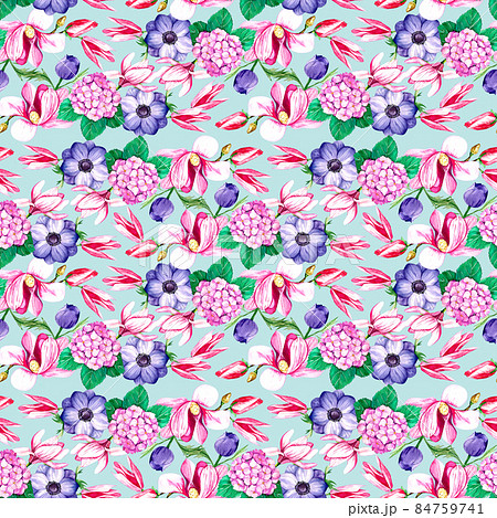 Watercolor pattern with magnolias, hydrangeas, anemones on a blue background 9 Watercolor pattern with magnolias, hydrangeas, anemones on a blue background 9 84759741