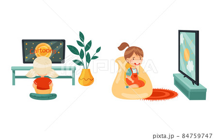 Cute preschool girl sitting on cushion and watching TV, child leisure concept vector illustration 84759747