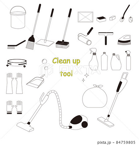シンプルな掃除道具のセット　モノクローム 84759805