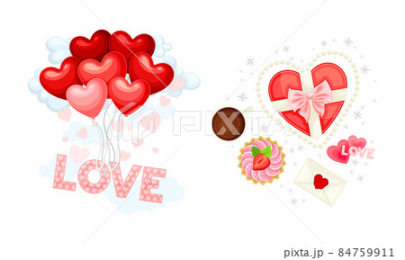 Love, dating, wedding, romantic event symbols set. Red inflatable balloons and sweets, Happy Valentine day signs vector illustration Love, dating, wedding, romantic event symbols set. Red inflatable balloons and sweets, Happy Valentine day signs vector illustration 84759911
