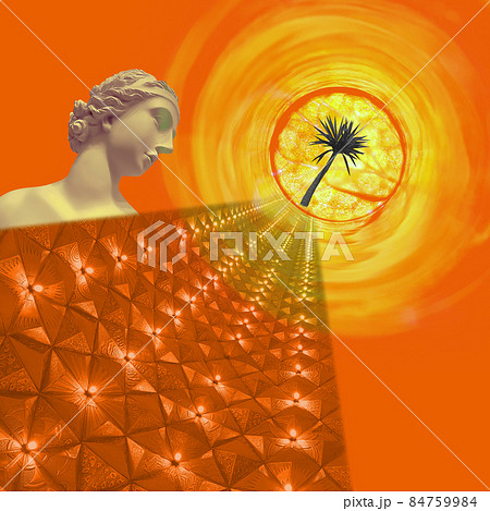 Contemporary collage. Sculpture of a woman, sun and palm on an abstract orange background. 84759984