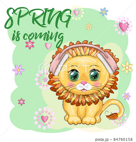 Cute cartoon Lion with headphones, listens to music, note, treble clef 84760158