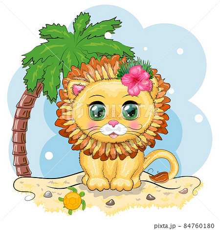 Cute little lion with wreath of hawaii flowers. Cartoon illustration. Beach with a palm tree, summer is coming card 84760180