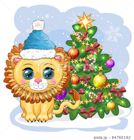Merry Christmas and Happy New year. Funny lion in red hat with gift in cartoon style. Greeting card 84760192