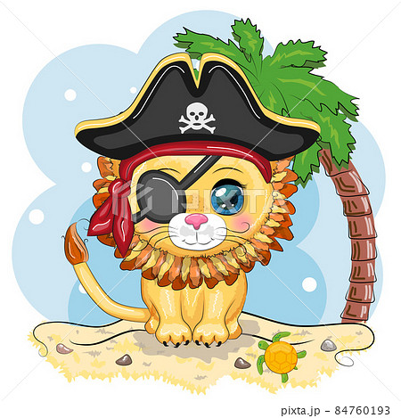 Lion pirate, cartoon character of the game, wild animal cat in a bandana and a cocked hat with a skull, with an eye patch. Character with bright eyes on the beach with palm trees 84760193