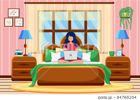 A young woman works remotely from home.The woman is lying on the bed and working on a laptop. Flat cartoon character. A young woman works remotely from home.The woman is lying on the bed and working on a laptop. Flat cartoon character. 84760204