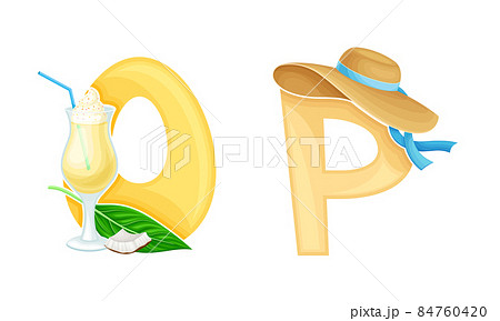 O,P letters of English alphabet with exotic glass of tropical cocktail and straw hat vector illustration 84760420