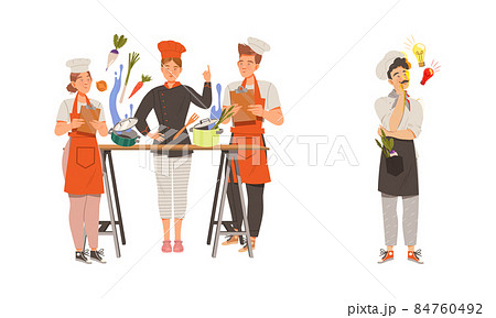 Chef and assistants cooking dishes of haute cuisine. Restaurant staff characters vector illustration Chef and assistants cooking dishes of haute cuisine. Restaurant staff characters vector illustration 84760492